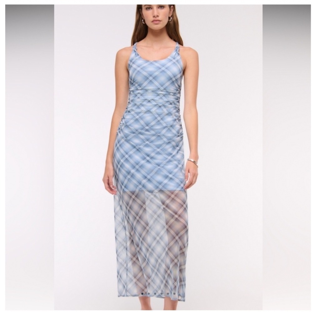 Abercrombie & Fitch Blue Plaid Mesh Ruched Midi Dress Medium Petite